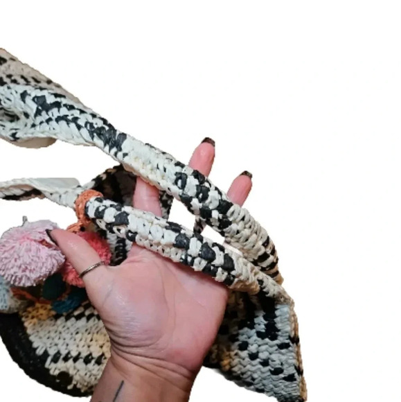 Billabong Talk to The Palm Black Striped Pompom Woven Tote Boho Beach Bag - Picture 11 of 13